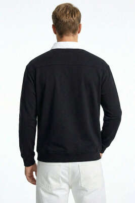 Düğmeli Polo Yaka Erkek Sweatshirt Siyah - Erkek Polo Yaka Tişört