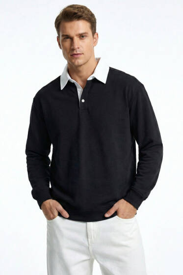 Düğmeli Polo Yaka Erkek Sweatshirt Siyah - Erkek Polo Yaka Tişört