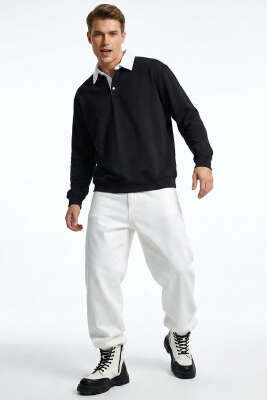 Düğmeli Polo Yaka Erkek Sweatshirt Siyah - Yeni Erkek Giyim