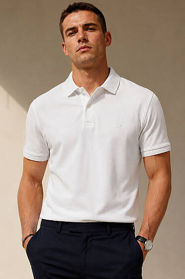 Düğmeli Polo Yaka Erkek T-shirt Beyaz - Babalar Günü