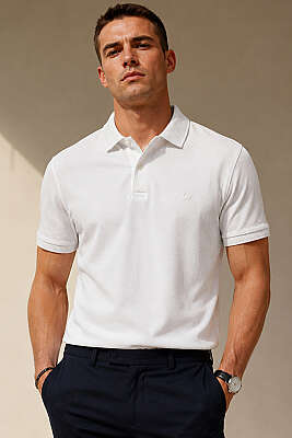 Düğmeli Polo Yaka Erkek T-shirt Beyaz - HİT TİME