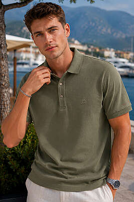 Düğmeli Polo Yaka Erkek T-shirt Haki 