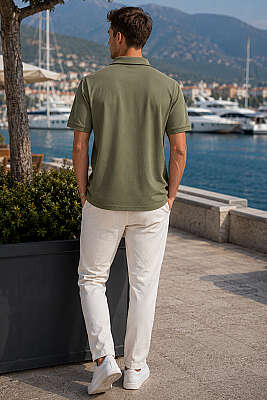 Düğmeli Polo Yaka Erkek T-shirt Haki - Erkek T-shirt