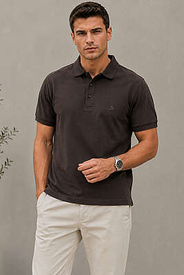 Düğmeli Polo Yaka Erkek T-shirt Kahve - HİT TİME