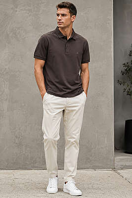 Düğmeli Polo Yaka Erkek T-shirt Kahve - Erkek T-shirt