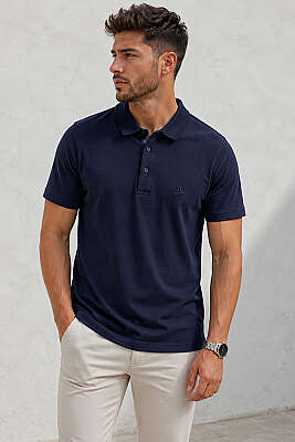 Düğmeli Polo Yaka Erkek T-shirt Lacivert - HİT TİME