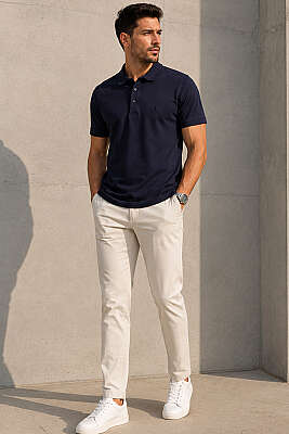 Düğmeli Polo Yaka Erkek T-shirt Lacivert - Erkek T-shirt
