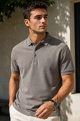 Düğmeli Polo Yaka Erkek T-shirt Melanj Kahve - HİT TİME