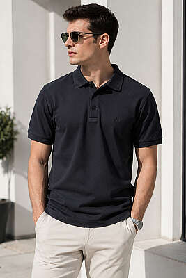 Düğmeli Polo Yaka Erkek T-shirt Siyah - HİT TİME