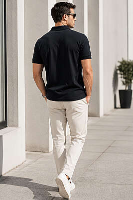 Düğmeli Polo Yaka Erkek T-shirt Siyah - Erkek T-shirt