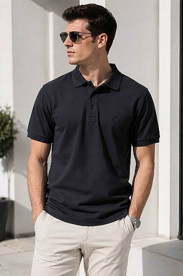Düğmeli Polo Yaka Erkek T-shirt Siyah - Siyah Polo Yaka Tişört