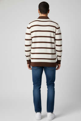 Düğmeli Polo Yaka Renkli Triko Kazak Bej - Erkek Kazak