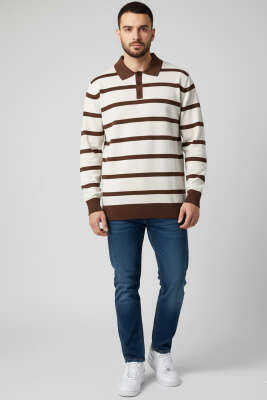 Düğmeli Polo Yaka Renkli Triko Kazak Bej - Erkek Kazak