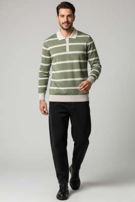 Düğmeli Polo Yaka Renkli Triko Kazak Çağla Yeşili - Erkek Kazak