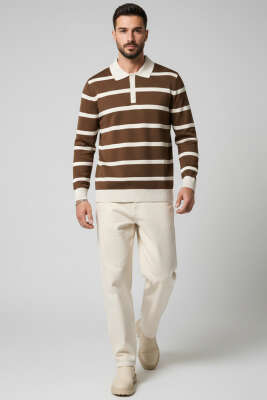 Düğmeli Polo Yaka Renkli Triko Kazak Kahve - Erkek Kazak