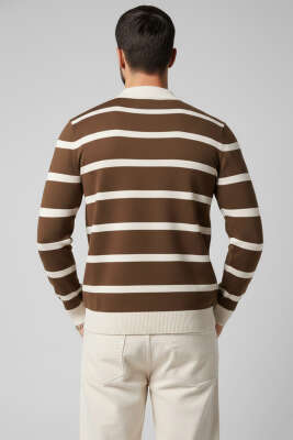 Düğmeli Polo Yaka Renkli Triko Kazak Kahve - Erkek Kazak