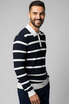 Düğmeli Polo Yaka Renkli Triko Kazak Lacivert - WİPEOUT