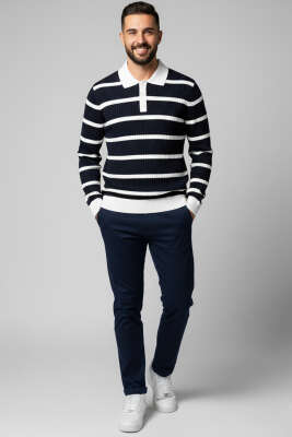 Düğmeli Polo Yaka Renkli Triko Kazak Lacivert - Erkek Kazak