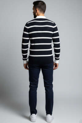 Düğmeli Polo Yaka Renkli Triko Kazak Lacivert - Erkek Kazak