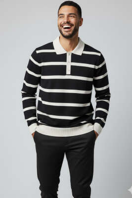 Düğmeli Polo Yaka Renkli Triko Kazak Siyah - WİPEOUT