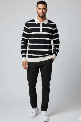 Düğmeli Polo Yaka Renkli Triko Kazak Siyah - Erkek Kazak