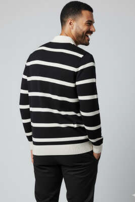 Düğmeli Polo Yaka Renkli Triko Kazak Siyah - Erkek Kazak