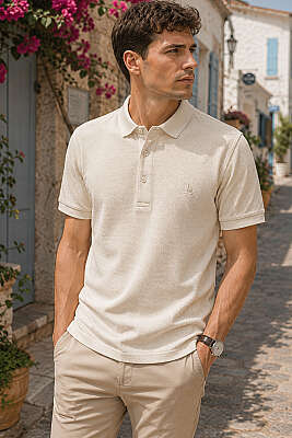 Düğmeli Polo Yaka Waffle Erkek T-shirt Bej 