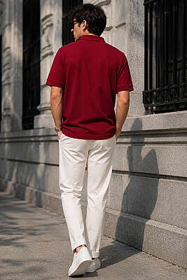 Düğmeli Polo Yaka Waffle Erkek T-shirt Bordo - Erkek Polo Yaka Tişört