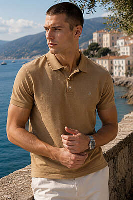Düğmeli Polo Yaka Waffle Erkek T-shirt Camel 