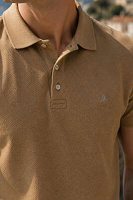Düğmeli Polo Yaka Waffle Erkek T-shirt Camel - Erkek T-shirt