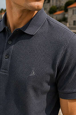 Düğmeli Polo Yaka Waffle Erkek T-shirt Füme - Erkek T-shirt