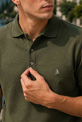 Düğmeli Polo Yaka Waffle Erkek T-shirt Haki - Erkek T-shirt