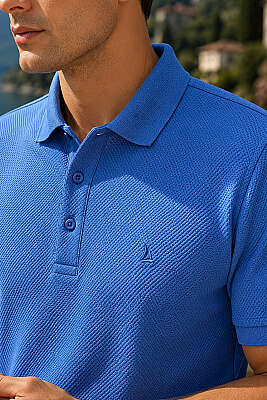 Düğmeli Polo Yaka Waffle Erkek T-shirt İndigo - Erkek T-shirt