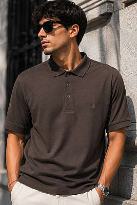 Düğmeli Polo Yaka Waffle Erkek T-shirt Kahve - HİT TİME