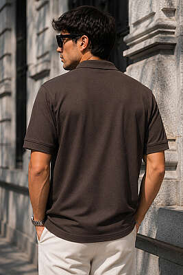 Düğmeli Polo Yaka Waffle Erkek T-shirt Kahve - Erkek T-shirt