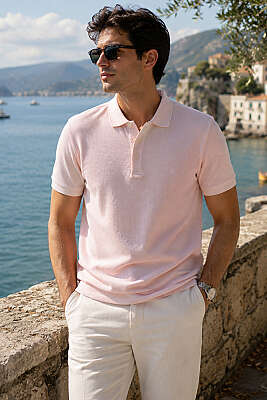 Düğmeli Polo Yaka Waffle Erkek T-shirt Pembe 
