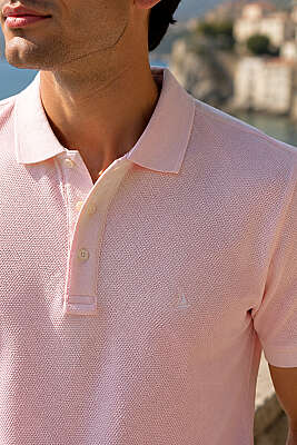 Düğmeli Polo Yaka Waffle Erkek T-shirt Pembe - Erkek T-shirt