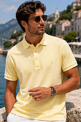 Düğmeli Polo Yaka Waffle Erkek T-shirt Sarı 