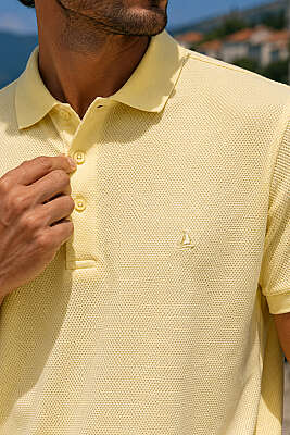 Düğmeli Polo Yaka Waffle Erkek T-shirt Sarı - Erkek T-shirt