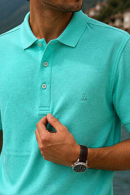Düğmeli Polo Yaka Waffle Erkek T-shirt Su Yeşili - Erkek T-shirt