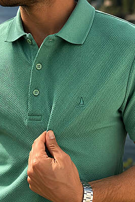 Düğmeli Polo Yaka Waffle Erkek T-shirt Yosun Yeşili - Erkek T-shirt