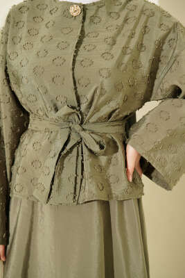 Düğmeli Püskül Detaylı Etekli Takım Haki - İkili Takım