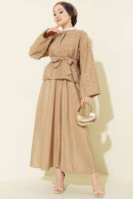 Düğmeli Püskül Detaylı Etekli Takım Latte 