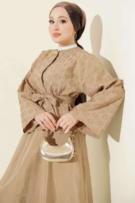 Düğmeli Püskül Detaylı Etekli Takım Latte - İkili Takım