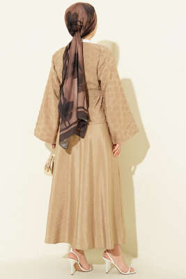 Düğmeli Püskül Detaylı Etekli Takım Latte - İkili Takım