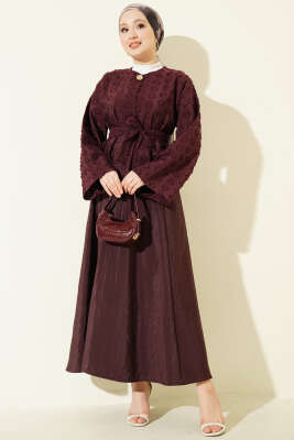 Düğmeli Püskül Detaylı Etekli Takım Mürdüm - TABLO FASHİON