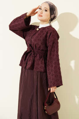 Düğmeli Püskül Detaylı Etekli Takım Mürdüm - İkili Takım