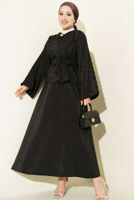 Düğmeli Püskül Detaylı Etekli Takım Siyah 
