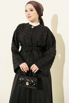 Düğmeli Püskül Detaylı Etekli Takım Siyah - İkili Takım