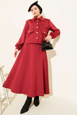 Düğmeli Sahte Cepli Scuba Etekli İkili Takım Bordo - TEGOE